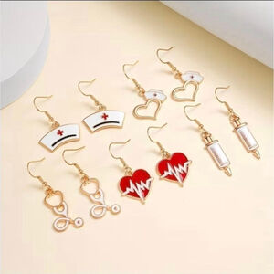 Women's One Size Gold & Red Nurse Themed Dangle Earrings